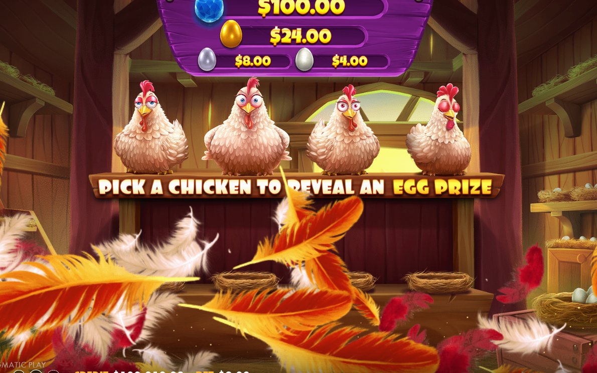 Pick-a-Prize screen with four chickens to choose from