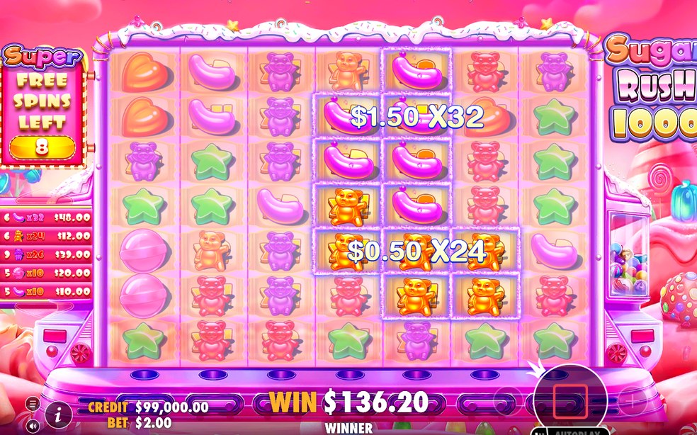 Win screen after a cluster pays on the 7x7 grid