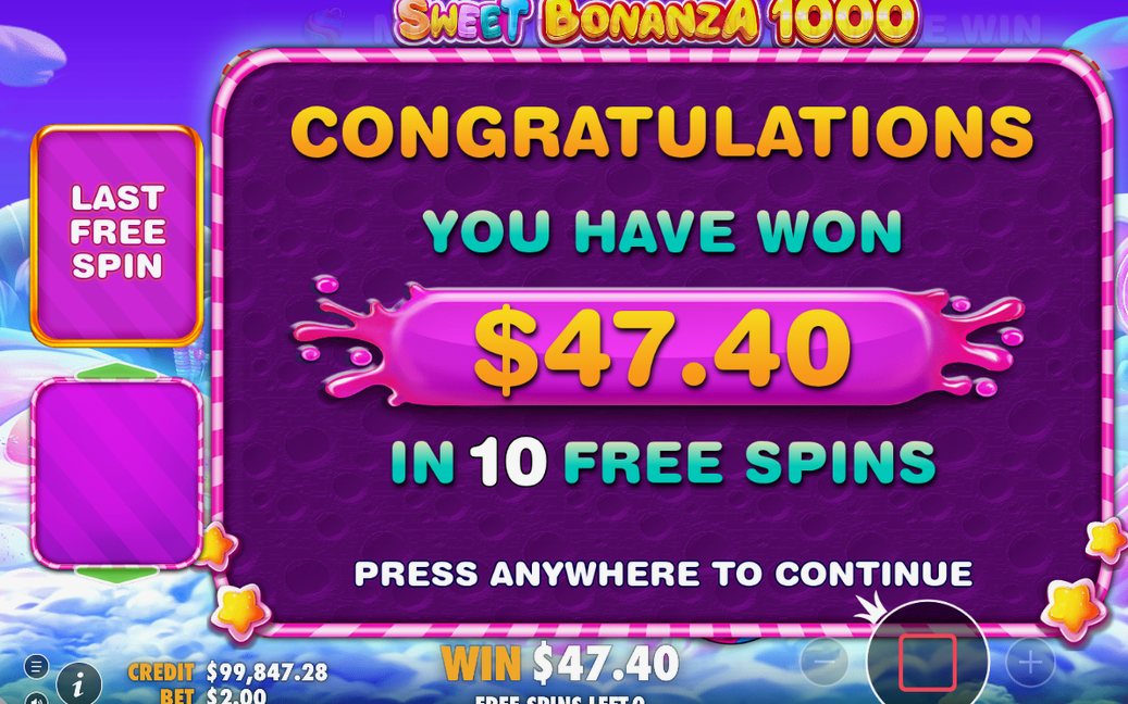 Win screen after a tumble sequence, total of all cascades